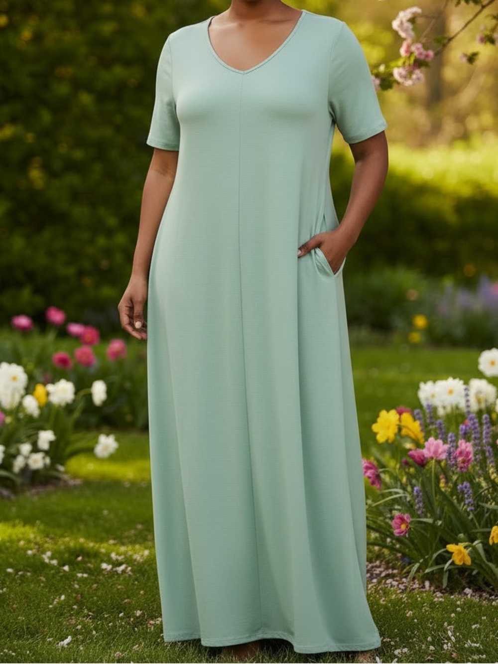Plus Size Dusty Green V-Neck Maxi Dress